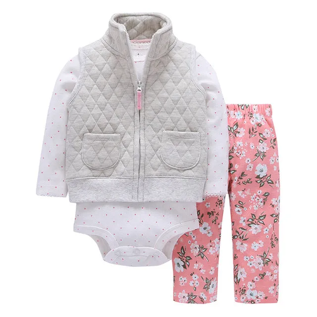 3 Pieces Set Clothes Hooded Zipper Full Sleeve Open flowers Coat Full Sleeve Bodysuits