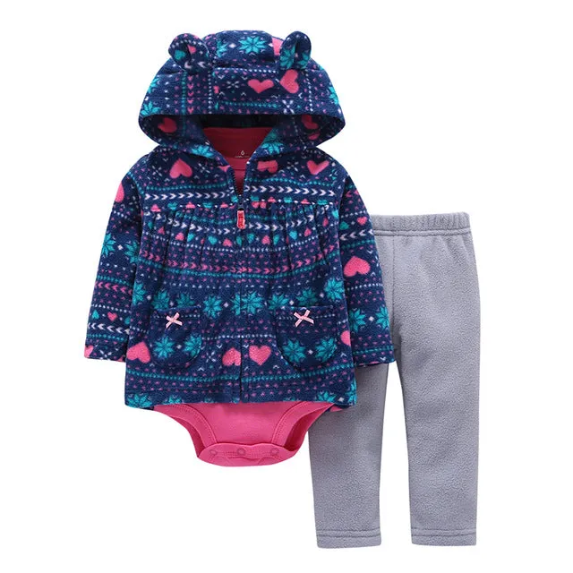 3 Pieces Set Clothes Hooded Zipper Full Sleeve Open flowers Coat Full Sleeve Bodysuits