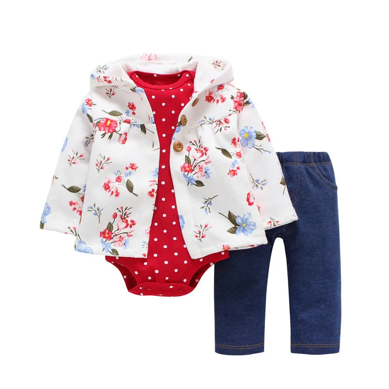 3 Pieces Set Clothes Hooded Zipper Full Sleeve Open flowers Coat Full Sleeve Bodysuits