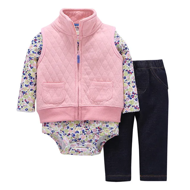 3 Pieces Set Clothes Hooded Zipper Full Sleeve Open flowers Coat Full Sleeve Bodysuits