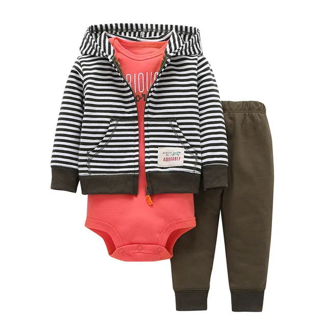 3 Pieces Set Clothes Hooded Zipper Full Sleeve Open flowers Coat Full Sleeve Bodysuits