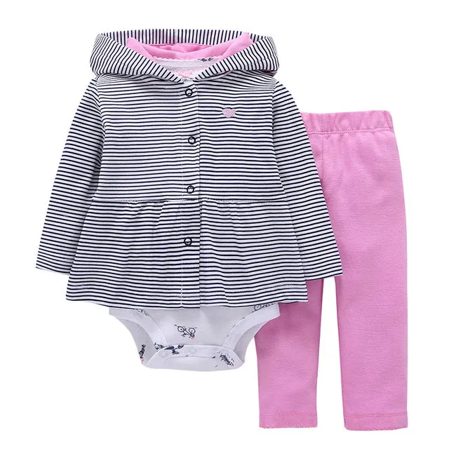 3 Pieces Set Clothes Hooded Zipper Full Sleeve Open flowers Coat Full Sleeve Bodysuits