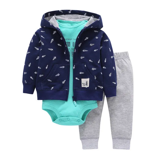 3 Pieces Set Clothes Hooded Zipper Full Sleeve Open flowers Coat Full Sleeve Bodysuits