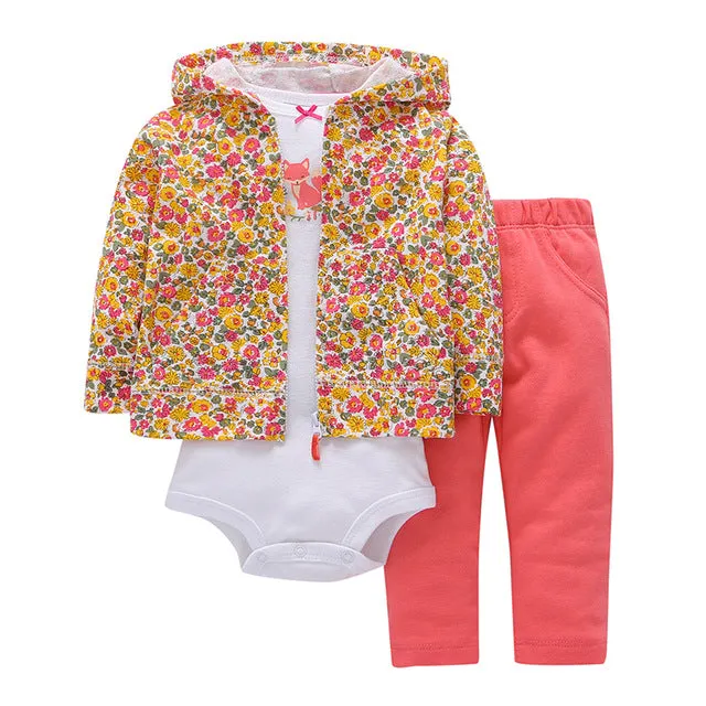 3 Pieces Set Clothes Hooded Zipper Full Sleeve Open flowers Coat Full Sleeve Bodysuits
