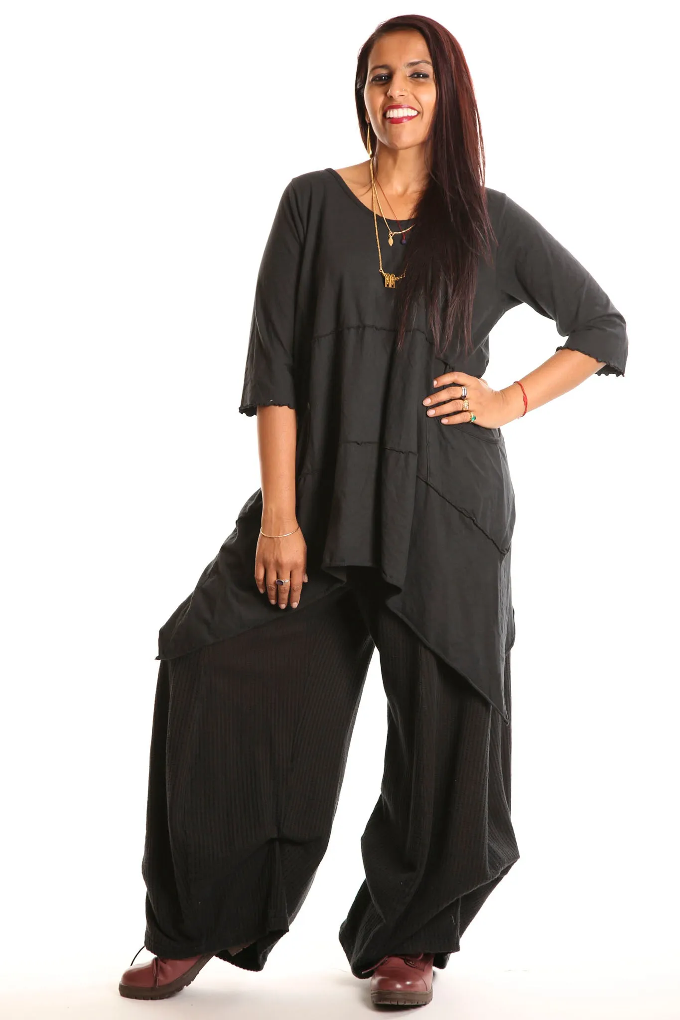 3267 Textured Knit Billow Pants Black UnPrinted