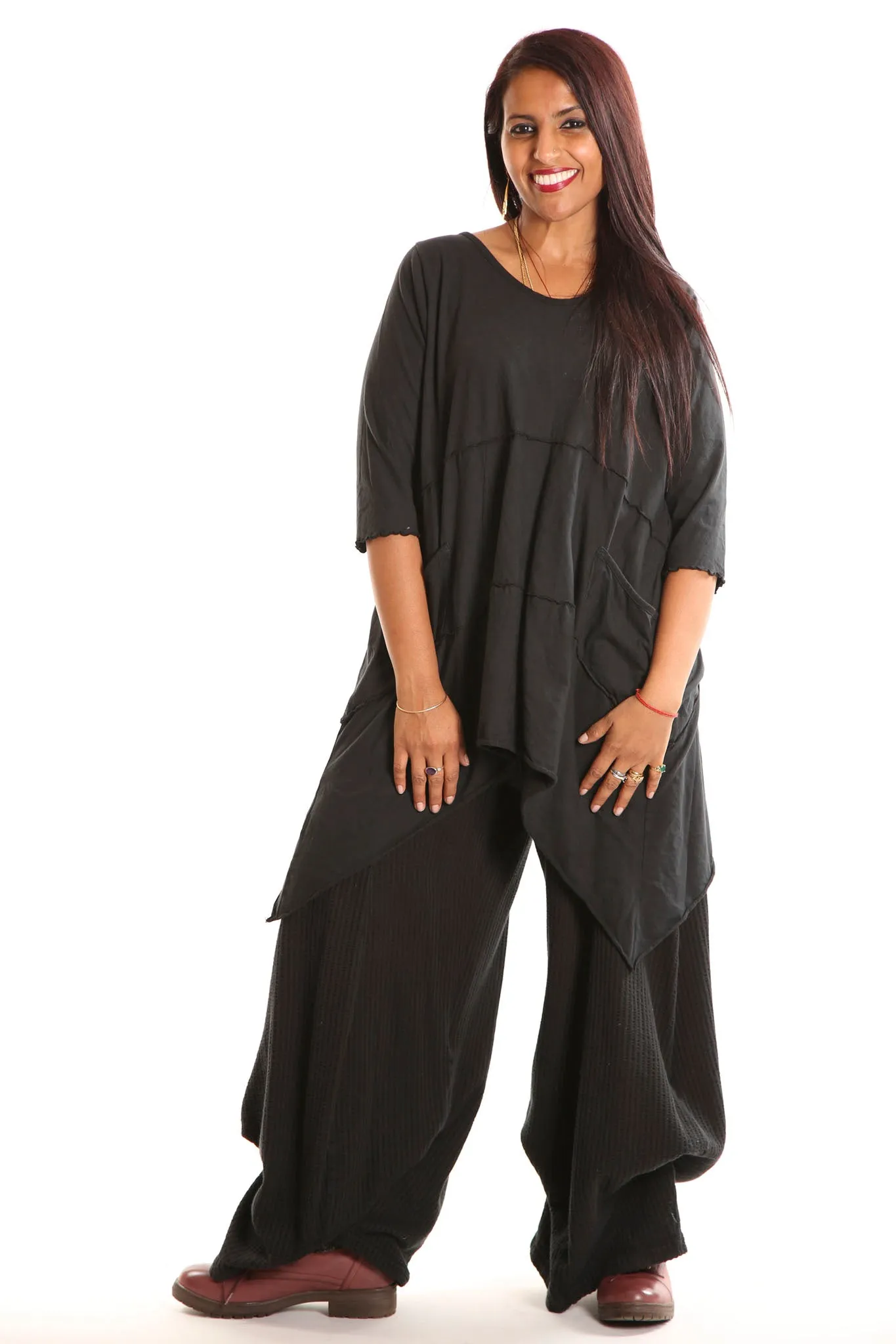 3267 Textured Knit Billow Pants Black UnPrinted