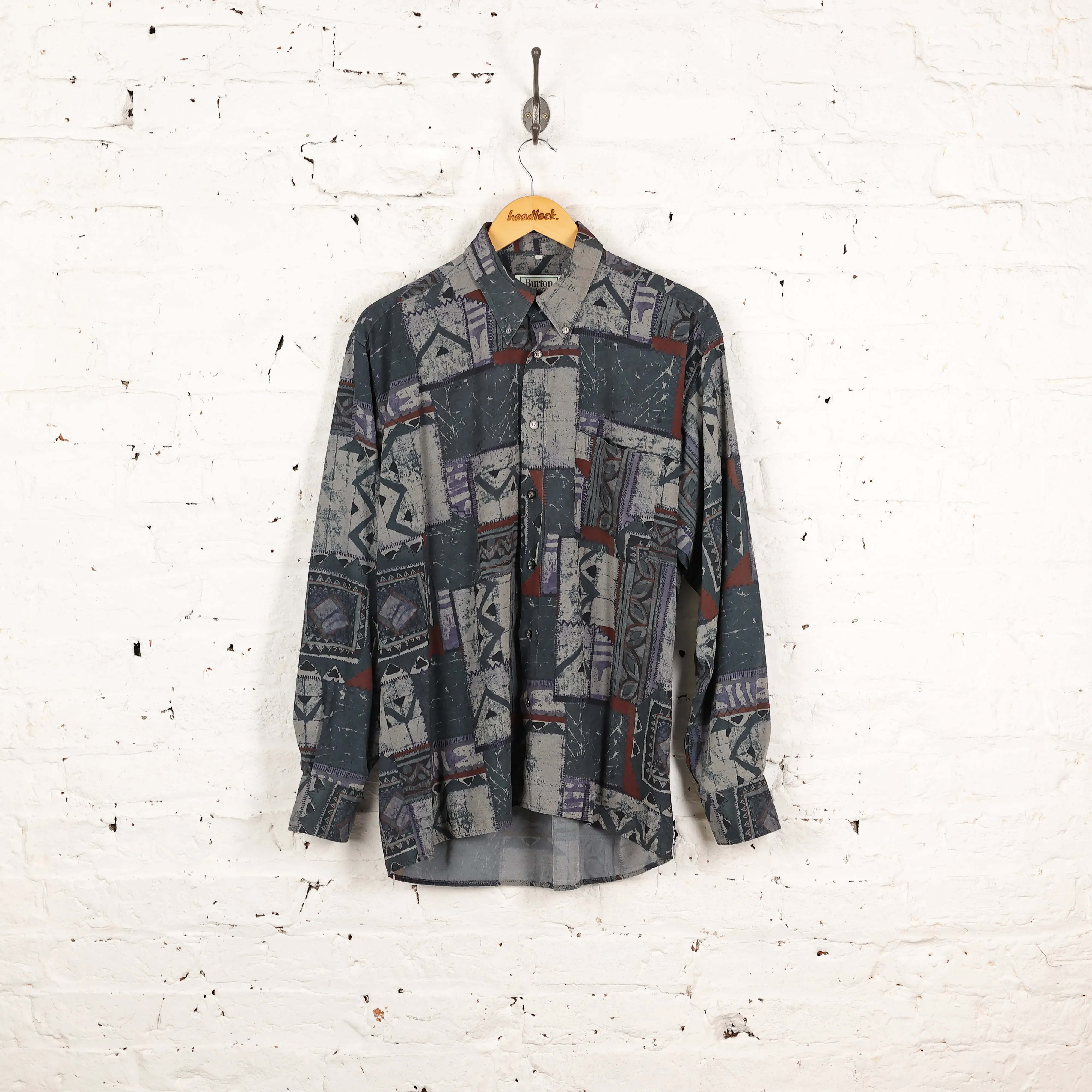 90s Long Sleeve Pattern Shirt - Green - L