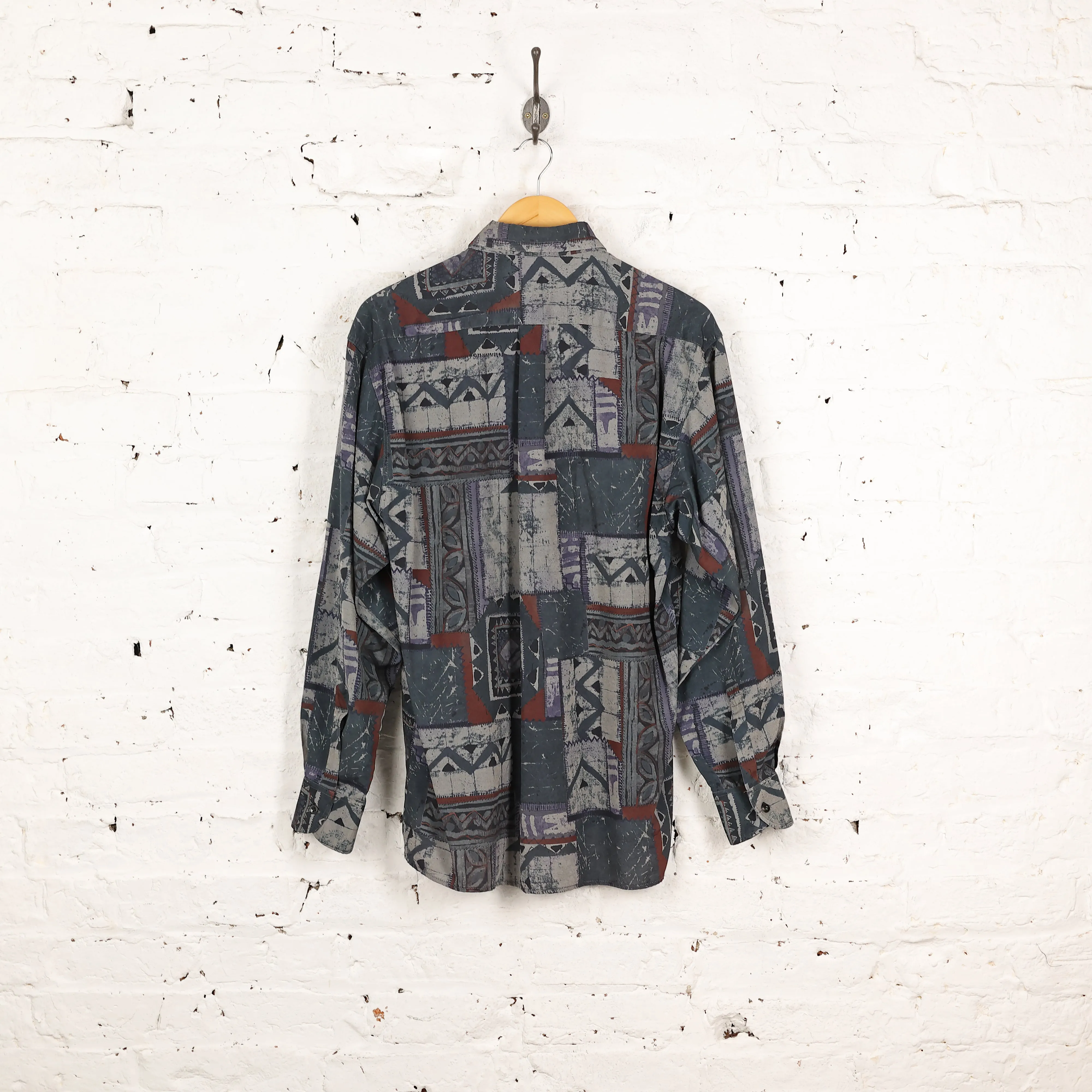 90s Long Sleeve Pattern Shirt - Green - L