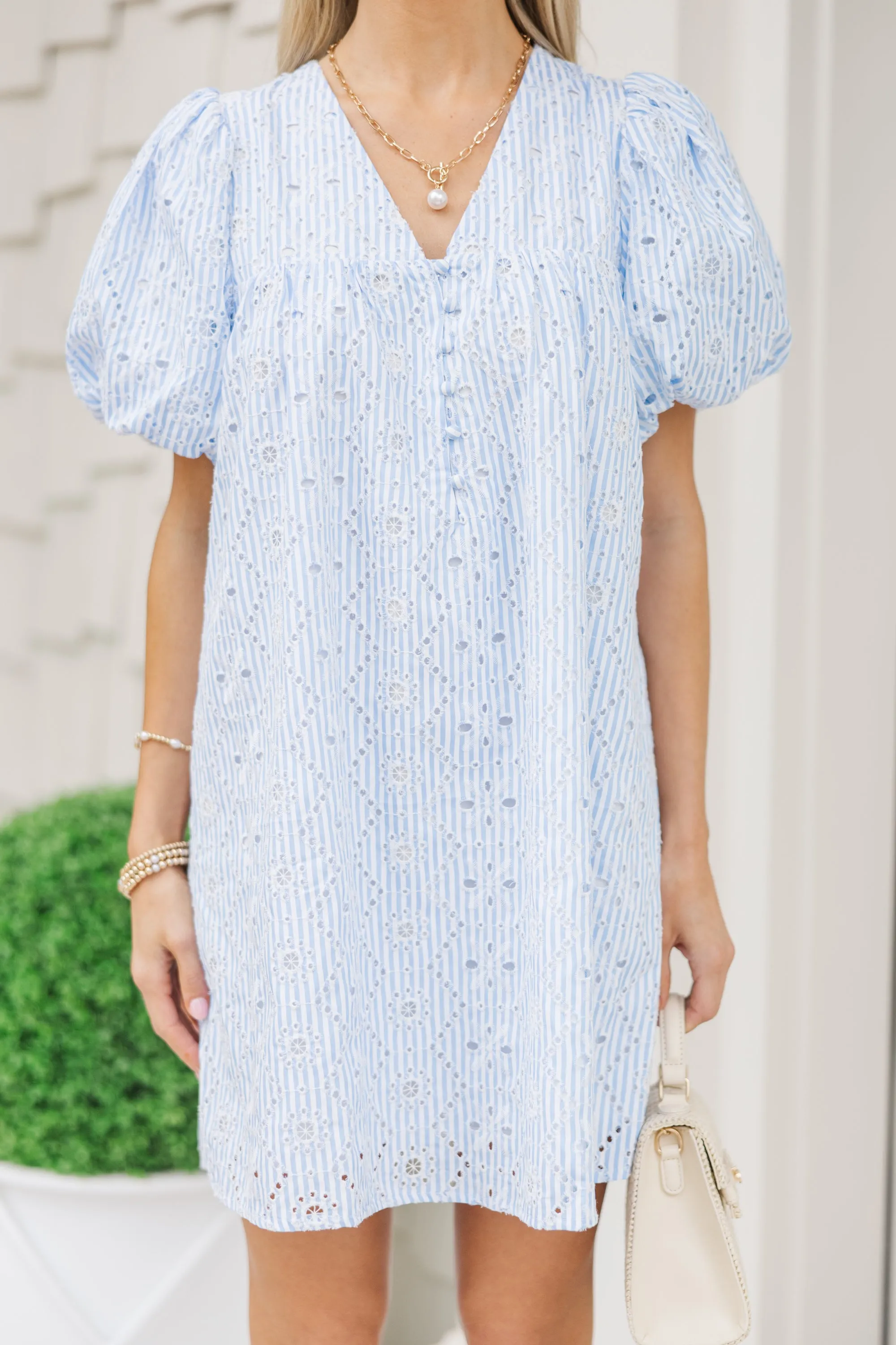 All You Have To Do Blue Eyelet Mini Dress