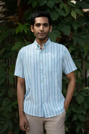 Aqua Blue Stripes · Button Down Collar · Half Sleeve Shirt
