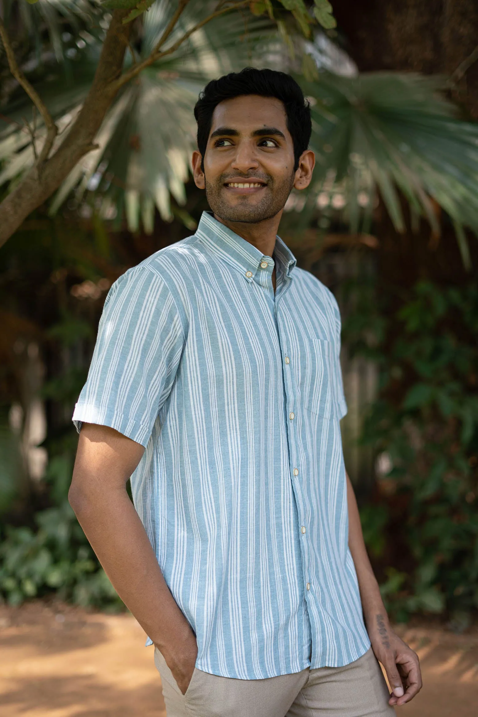 Aqua Blue Stripes · Button Down Collar · Half Sleeve Shirt