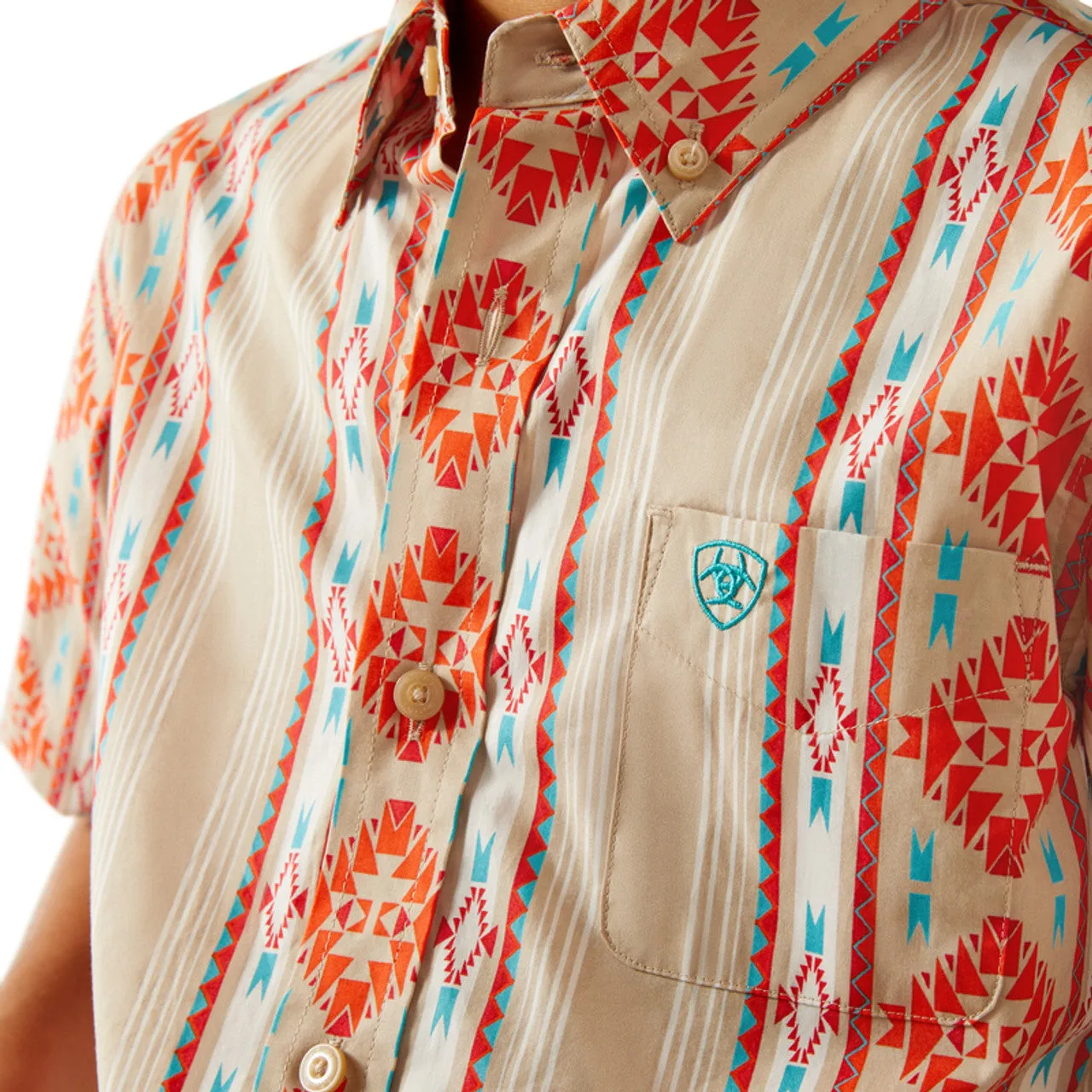 Ariat Boy's S/S Wade Classic Fit Western Button Down Shirt in Tan Aztec Stripe