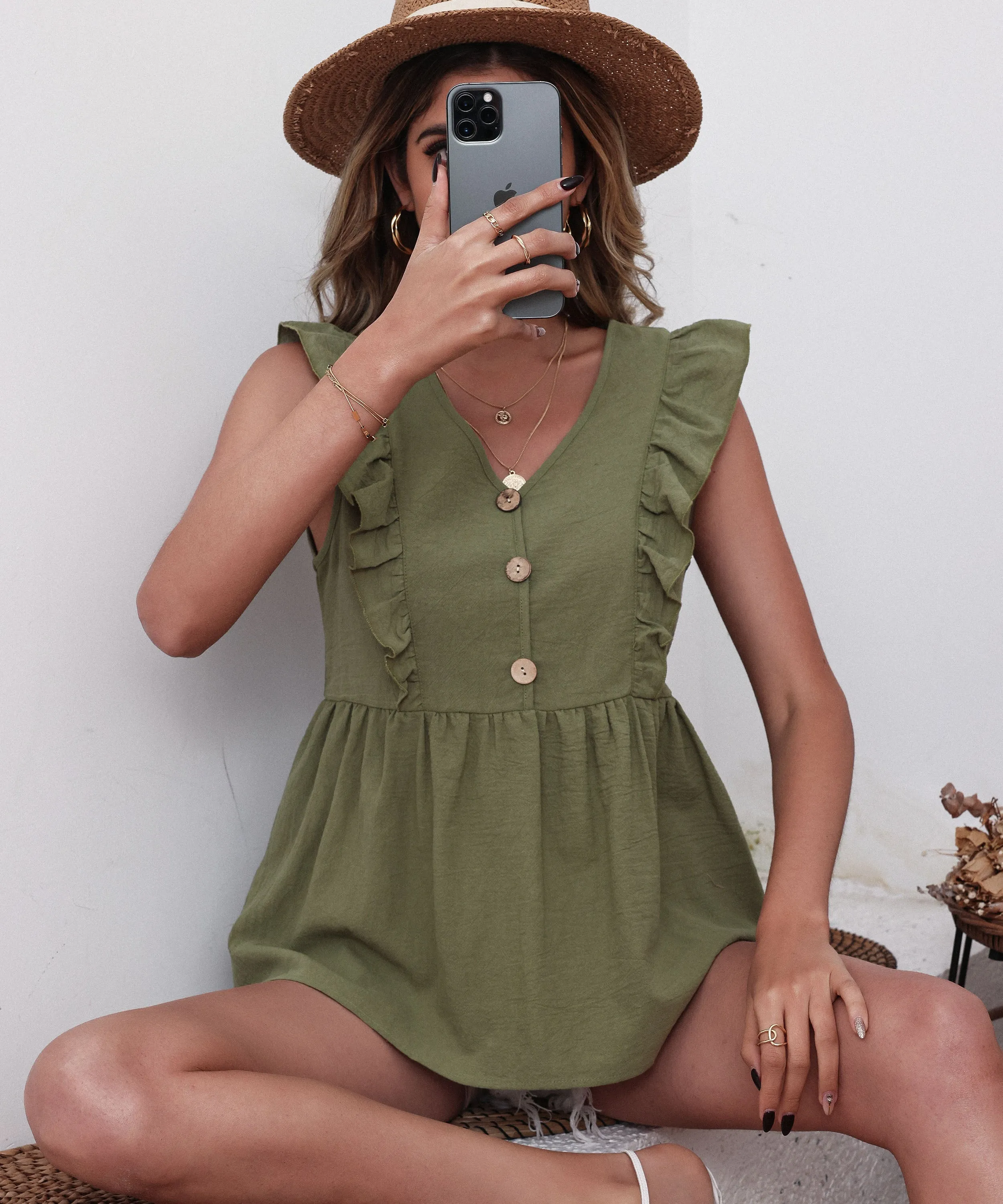 Aully Linen Top - Army Green