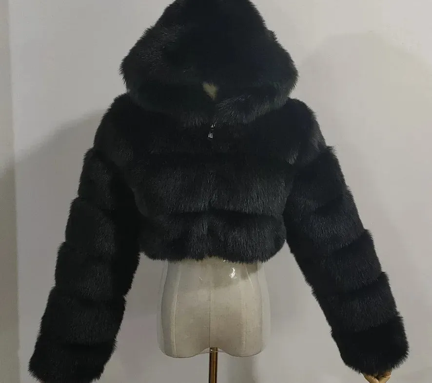 Autumn Furry Cropped Faux Fur Coats Jackets Women Fluffy Top Coat Hooded Straight Short Winter Fur Jacket Fashion Streetwear