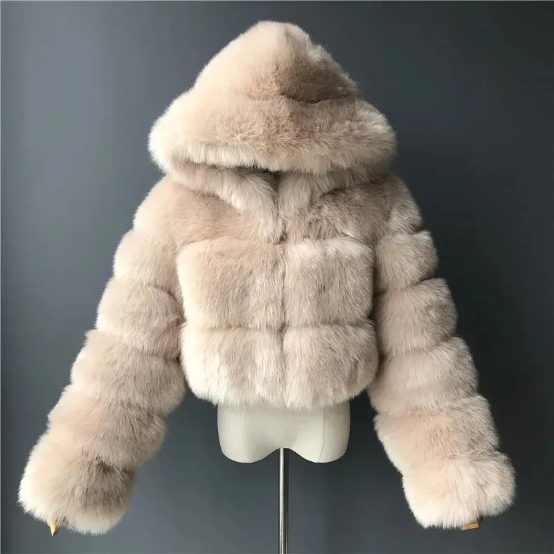 Autumn Furry Cropped Faux Fur Coats Jackets Women Fluffy Top Coat Hooded Straight Short Winter Fur Jacket Fashion Streetwear