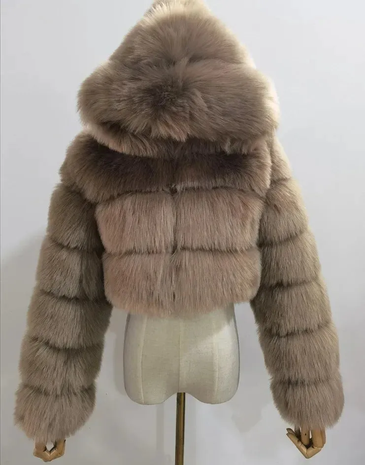 Autumn Furry Cropped Faux Fur Coats Jackets Women Fluffy Top Coat Hooded Straight Short Winter Fur Jacket Fashion Streetwear