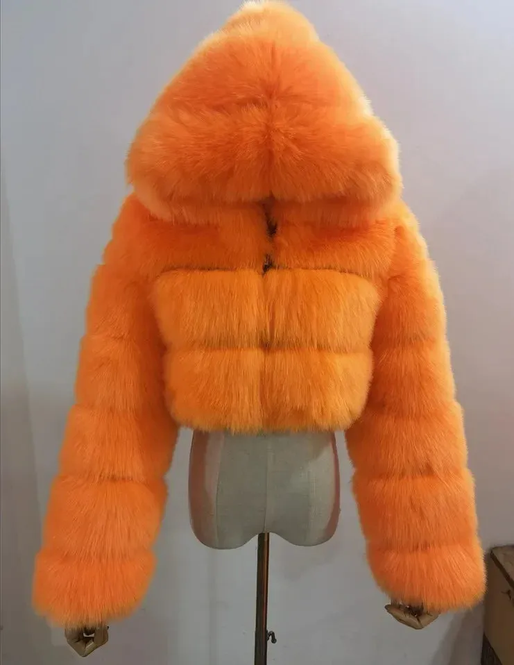 Autumn Furry Cropped Faux Fur Coats Jackets Women Fluffy Top Coat Hooded Straight Short Winter Fur Jacket Fashion Streetwear