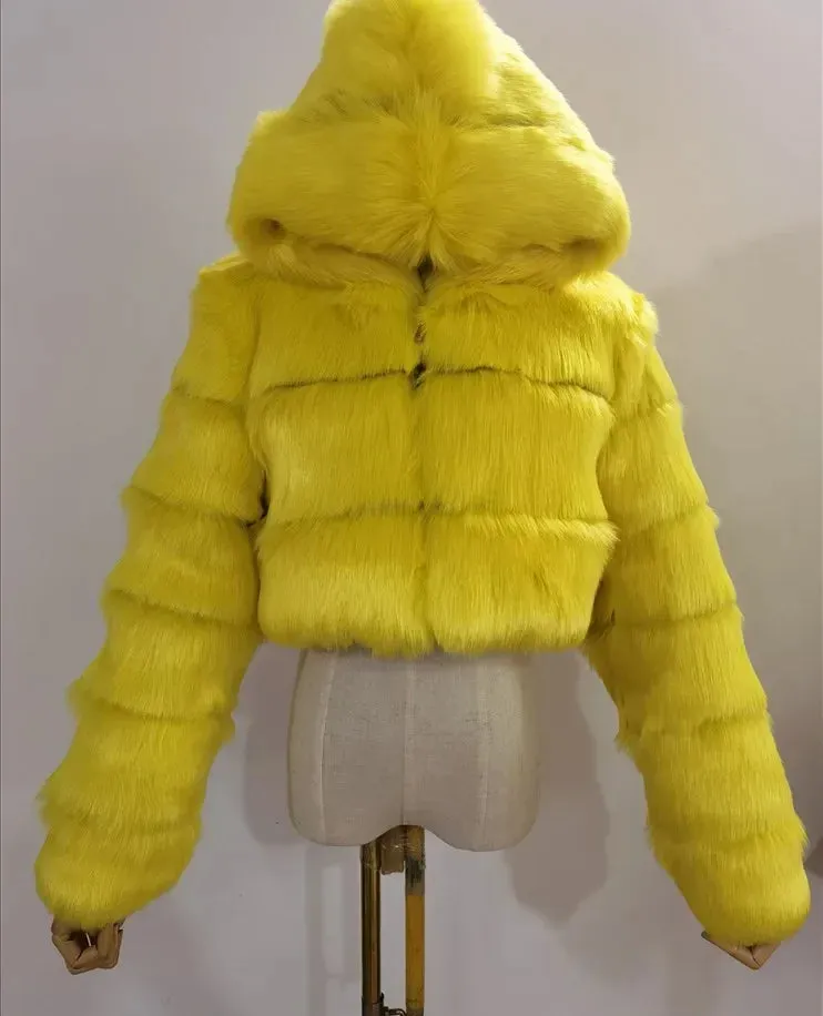 Autumn Furry Cropped Faux Fur Coats Jackets Women Fluffy Top Coat Hooded Straight Short Winter Fur Jacket Fashion Streetwear