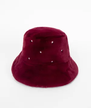 Berry Faux Fur Bucket Hat with Pearl Embellishments