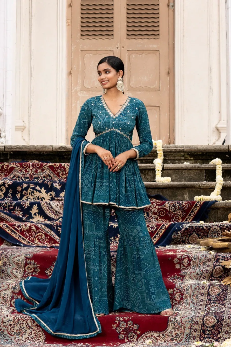 Blue Bandhni Print Crepe Co-Ords with Mirror work and Dupatta