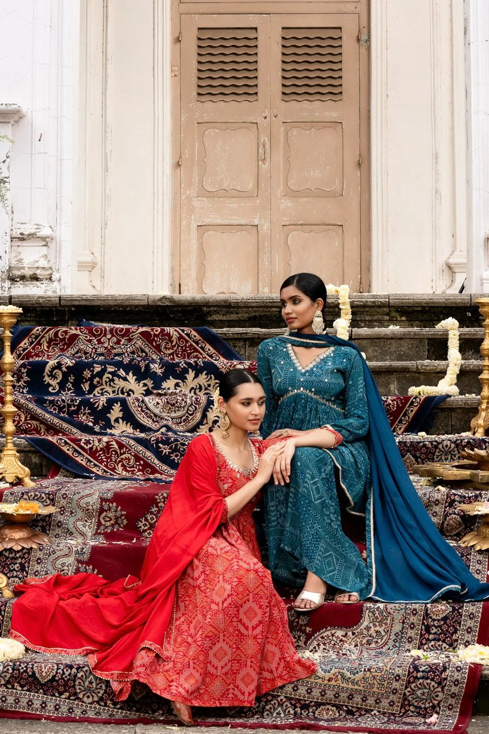 Blue Bandhni Print Crepe Co-Ords with Mirror work and Dupatta
