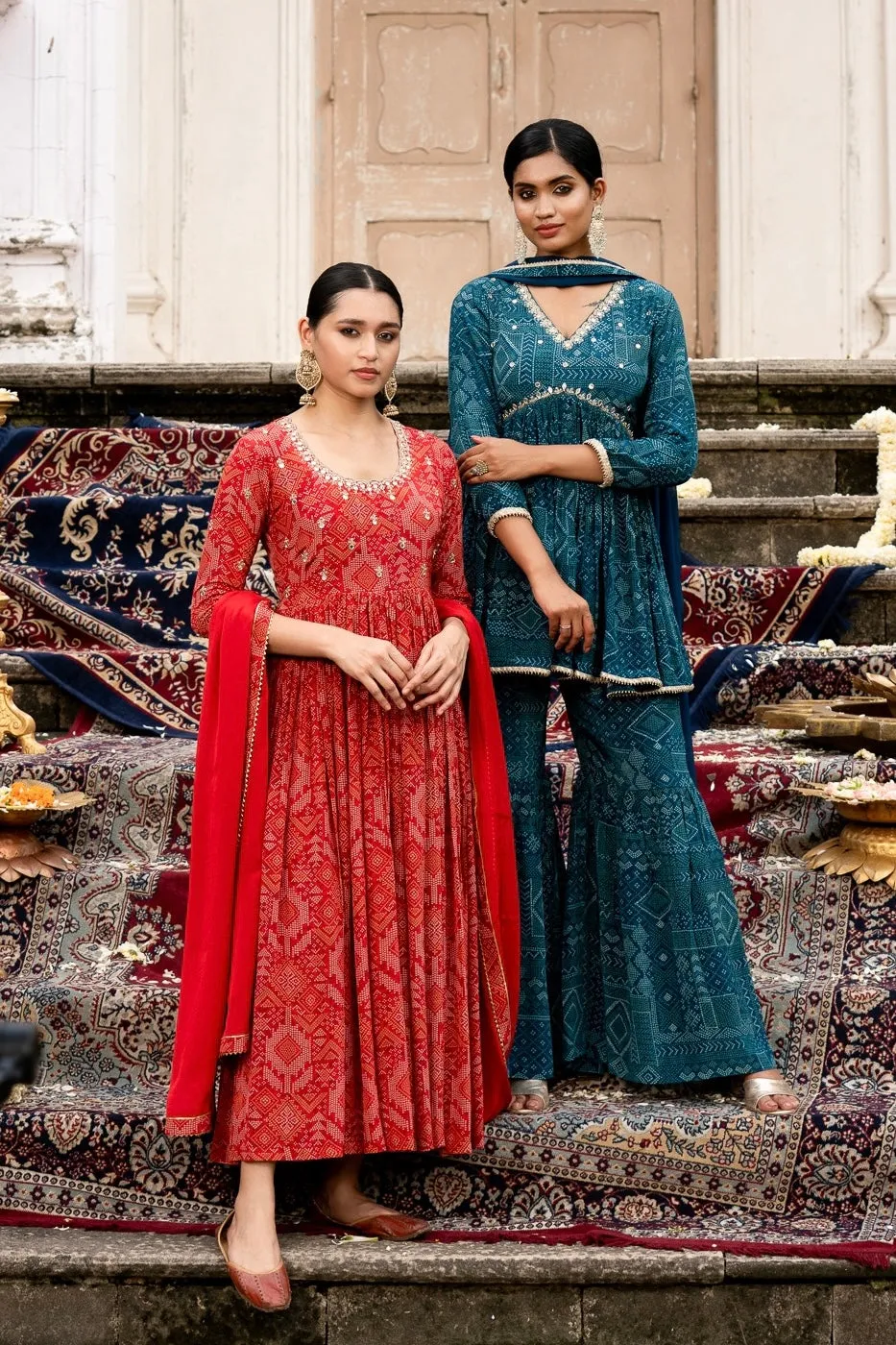 Blue Bandhni Print Crepe Co-Ords with Mirror work and Dupatta