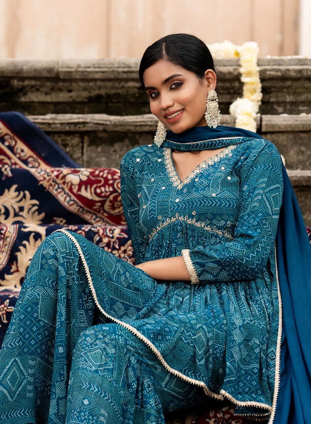 Blue Bandhni Print Crepe Co-Ords with Mirror work and Dupatta