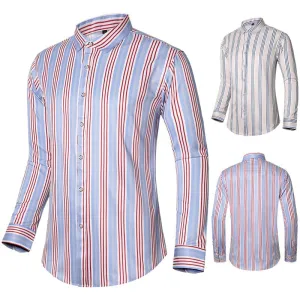 Bonsir Men's Vertical Striped Shirt Red Striped Plaid Large Size Square Collar Shirt Men's Long Sleeve Casual Shirt Men's Fashion M-7XL