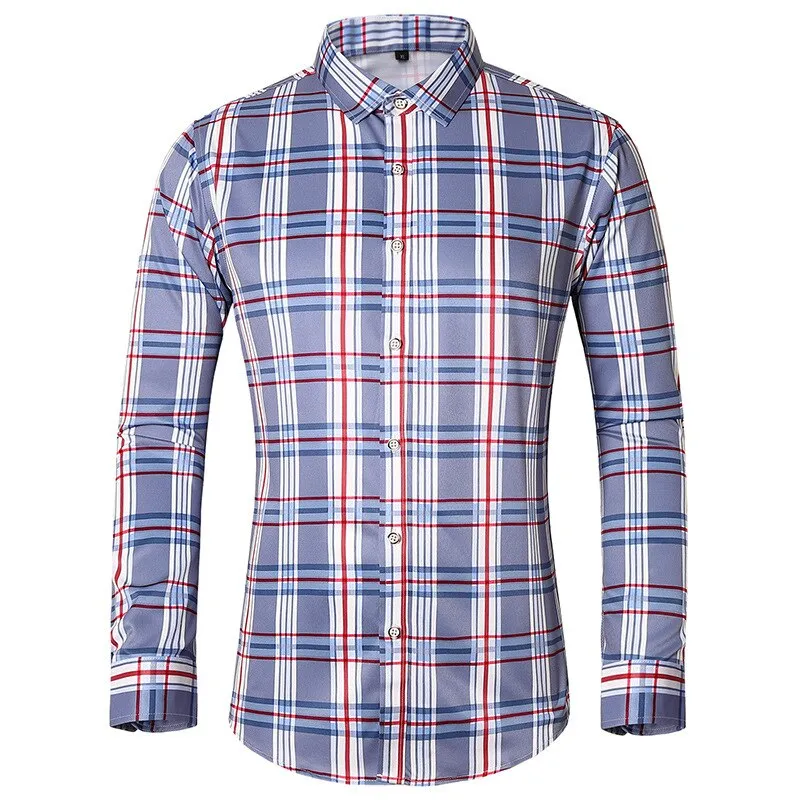 Bonsir Men's Vertical Striped Shirt Red Striped Plaid Large Size Square Collar Shirt Men's Long Sleeve Casual Shirt Men's Fashion M-7XL