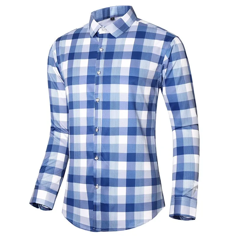 Bonsir Men's Vertical Striped Shirt Red Striped Plaid Large Size Square Collar Shirt Men's Long Sleeve Casual Shirt Men's Fashion M-7XL