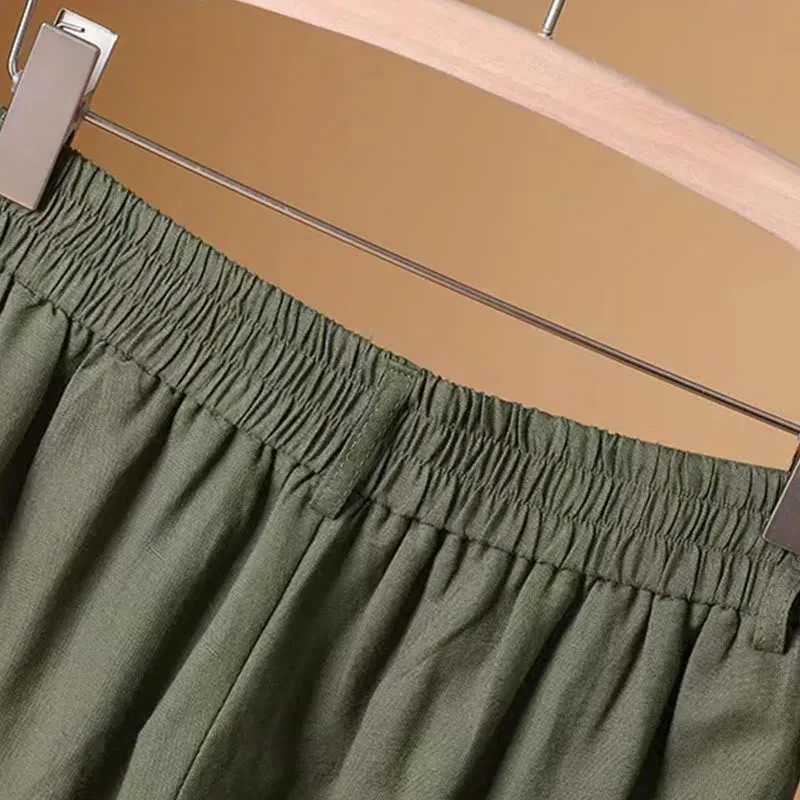 Buddha Stones Summer Casual Pure Color 7-8 Length Cotton Linen Women's Wide Leg Pants