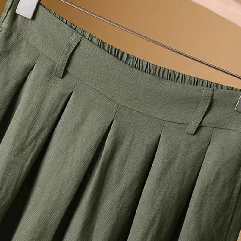 Buddha Stones Summer Casual Pure Color 7-8 Length Cotton Linen Women's Wide Leg Pants