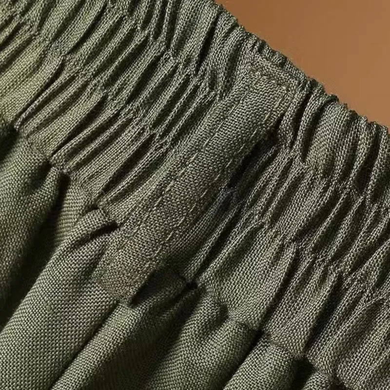 Buddha Stones Summer Casual Pure Color 7-8 Length Cotton Linen Women's Wide Leg Pants