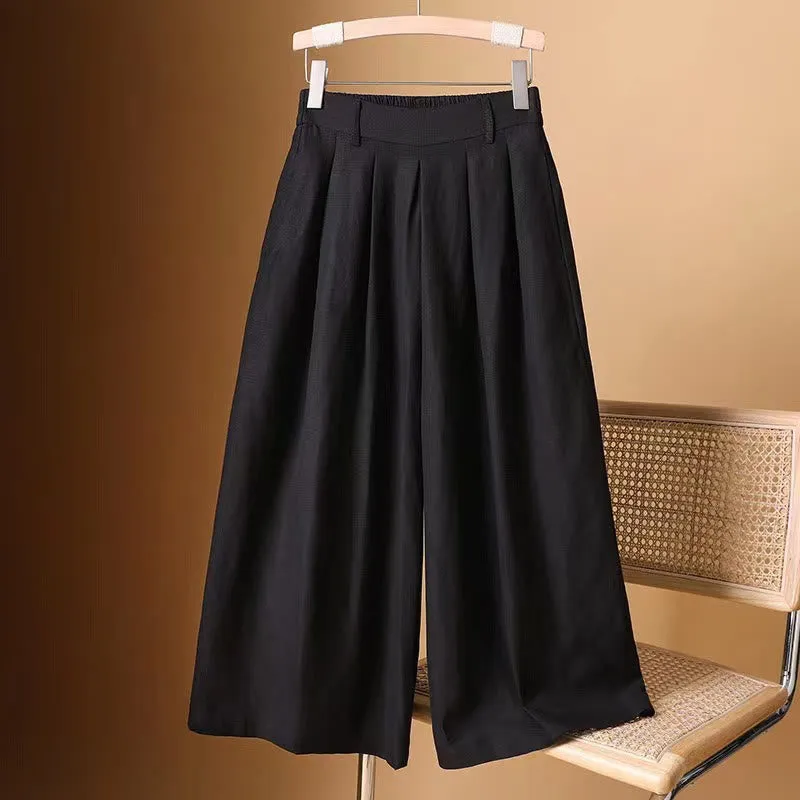 Buddha Stones Summer Casual Pure Color 7-8 Length Cotton Linen Women's Wide Leg Pants