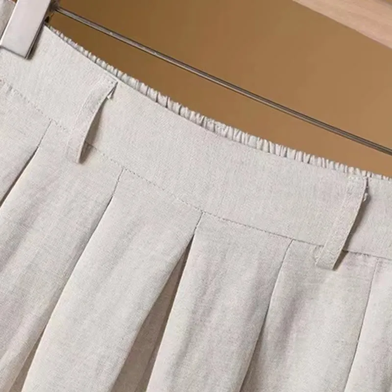 Buddha Stones Summer Casual Pure Color 7-8 Length Cotton Linen Women's Wide Leg Pants