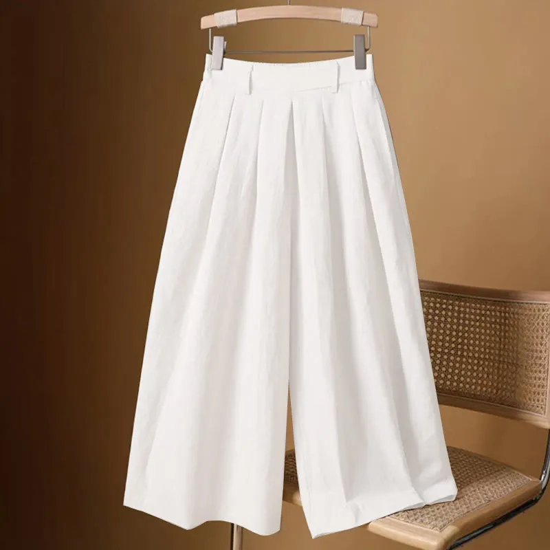 Buddha Stones Summer Casual Pure Color 7-8 Length Cotton Linen Women's Wide Leg Pants