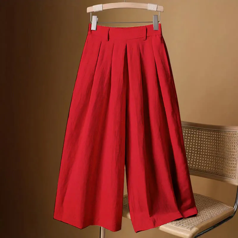 Buddha Stones Summer Casual Pure Color 7-8 Length Cotton Linen Women's Wide Leg Pants