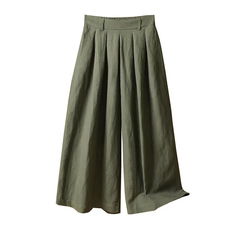 Buddha Stones Summer Casual Pure Color 7-8 Length Cotton Linen Women's Wide Leg Pants