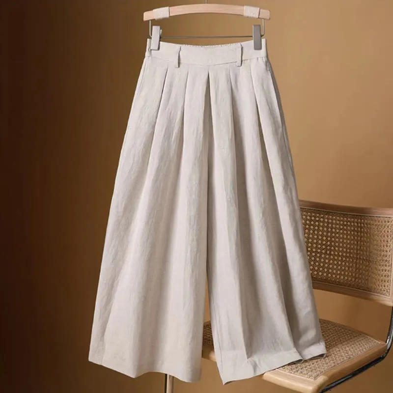 Buddha Stones Summer Casual Pure Color 7-8 Length Cotton Linen Women's Wide Leg Pants