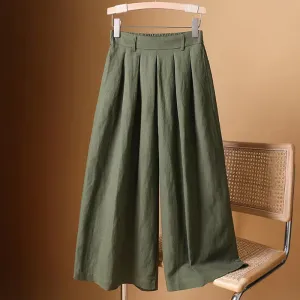 Buddha Stones Summer Casual Pure Color 7-8 Length Cotton Linen Women's Wide Leg Pants