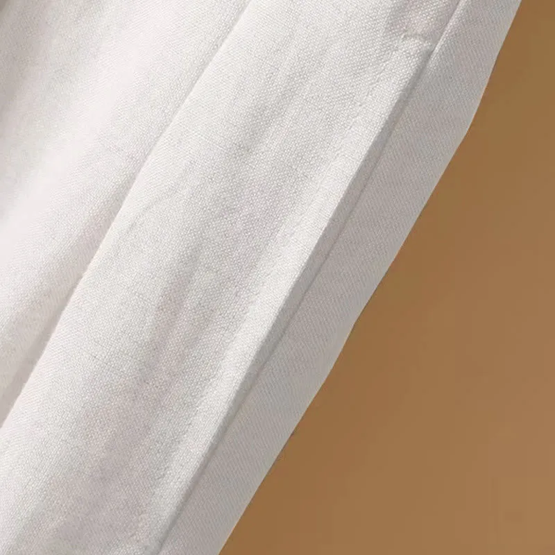 Buddha Stones Summer Casual Pure Color 7-8 Length Cotton Linen Women's Wide Leg Pants