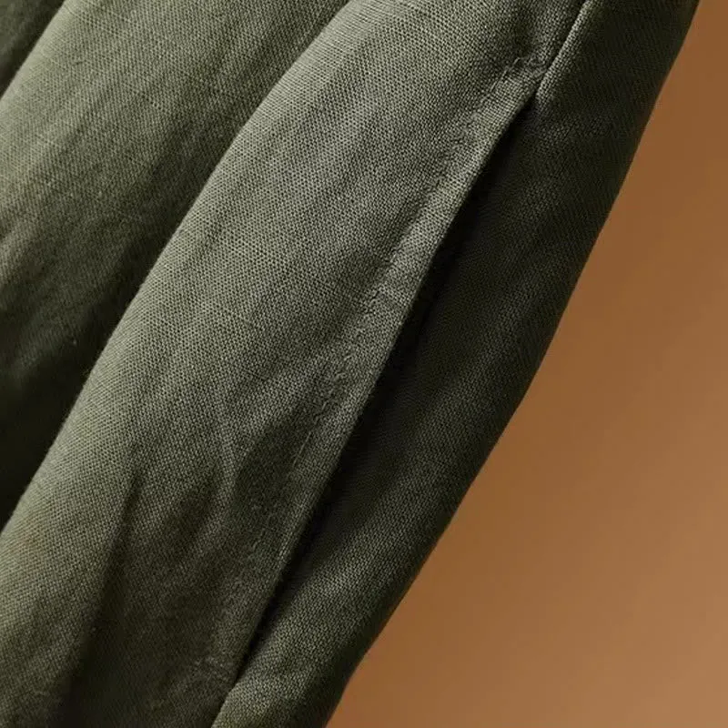 Buddha Stones Summer Casual Pure Color 7-8 Length Cotton Linen Women's Wide Leg Pants