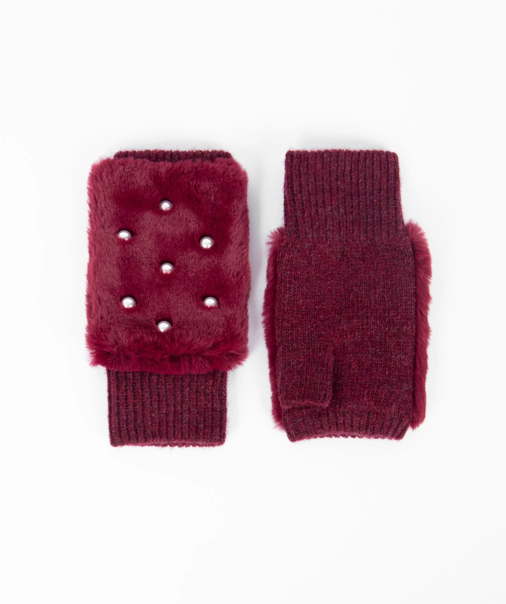 Burgundy Fingerless Pearl Embellished Faux Fur Glove