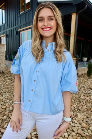Button Down Collared Shirt w/ Embroidery Balloon Sleeve