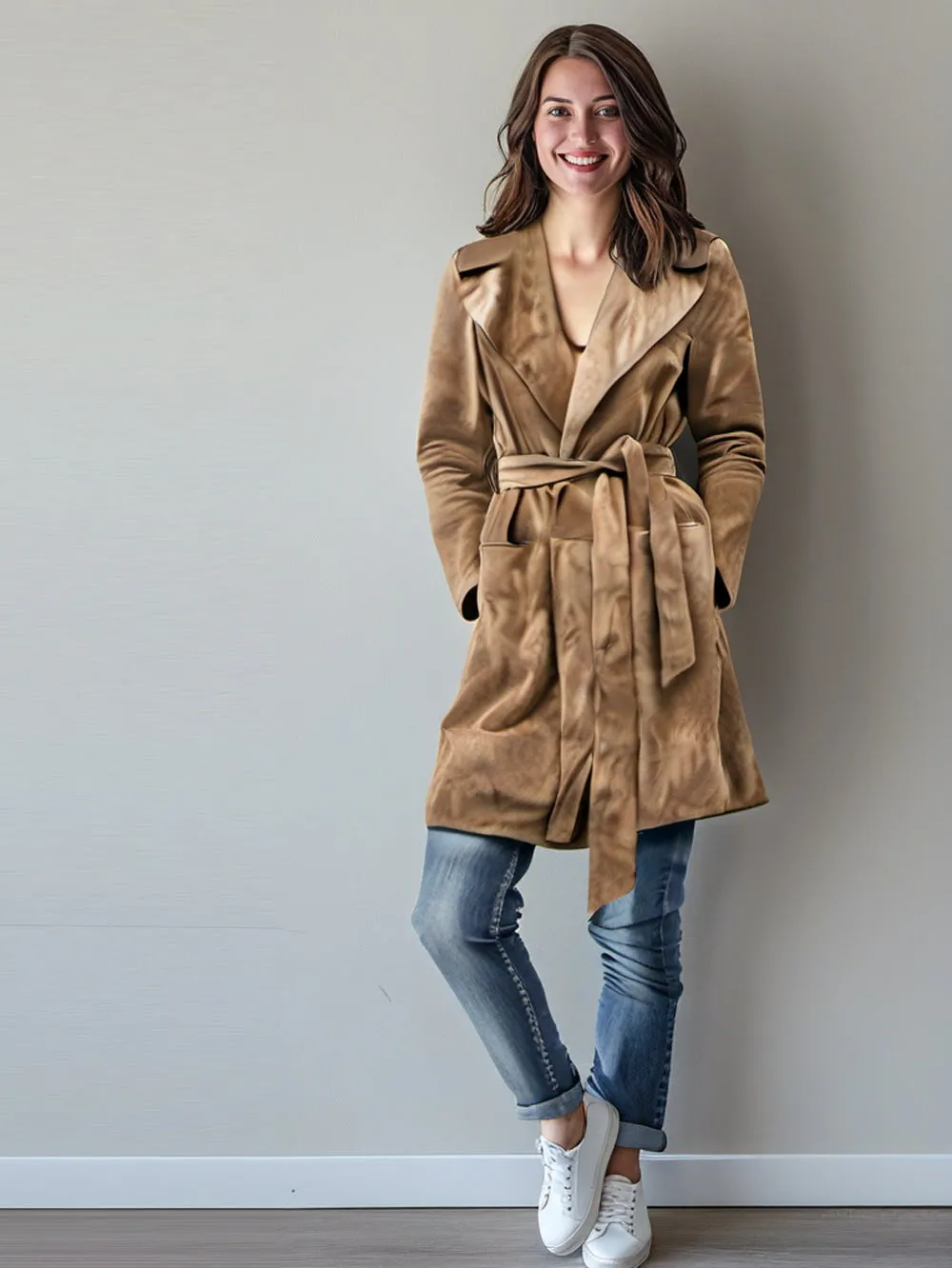 Camel Belted Trench Leather Coat for Women