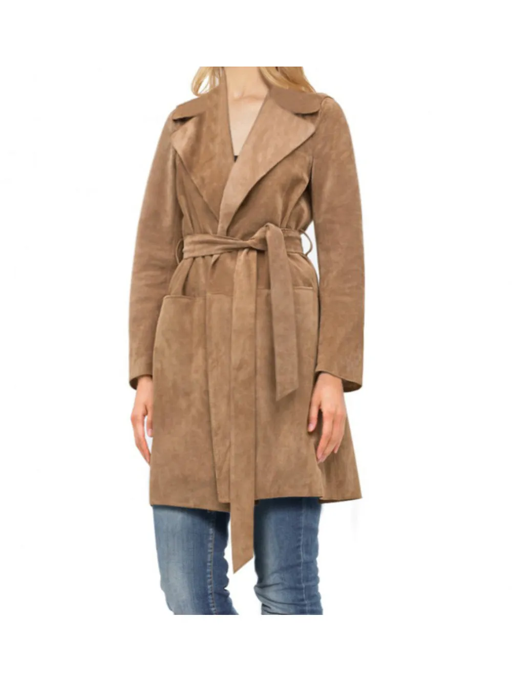 Camel Belted Trench Leather Coat for Women