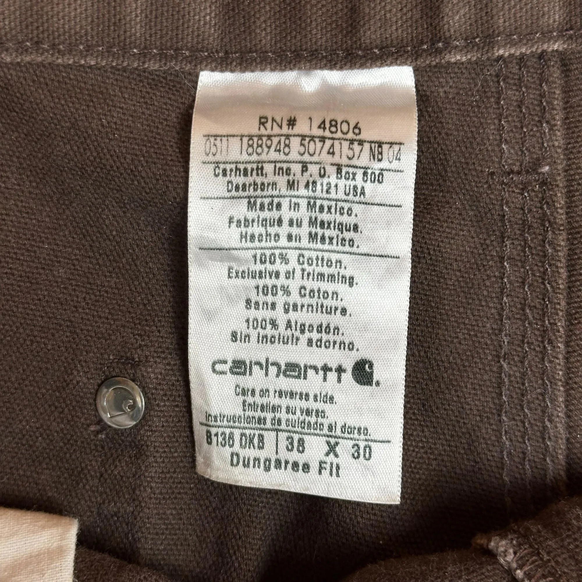 Carhartt Brown Cotton Duck Work Pants 38x30 Dungaree Fit Durable & Functional