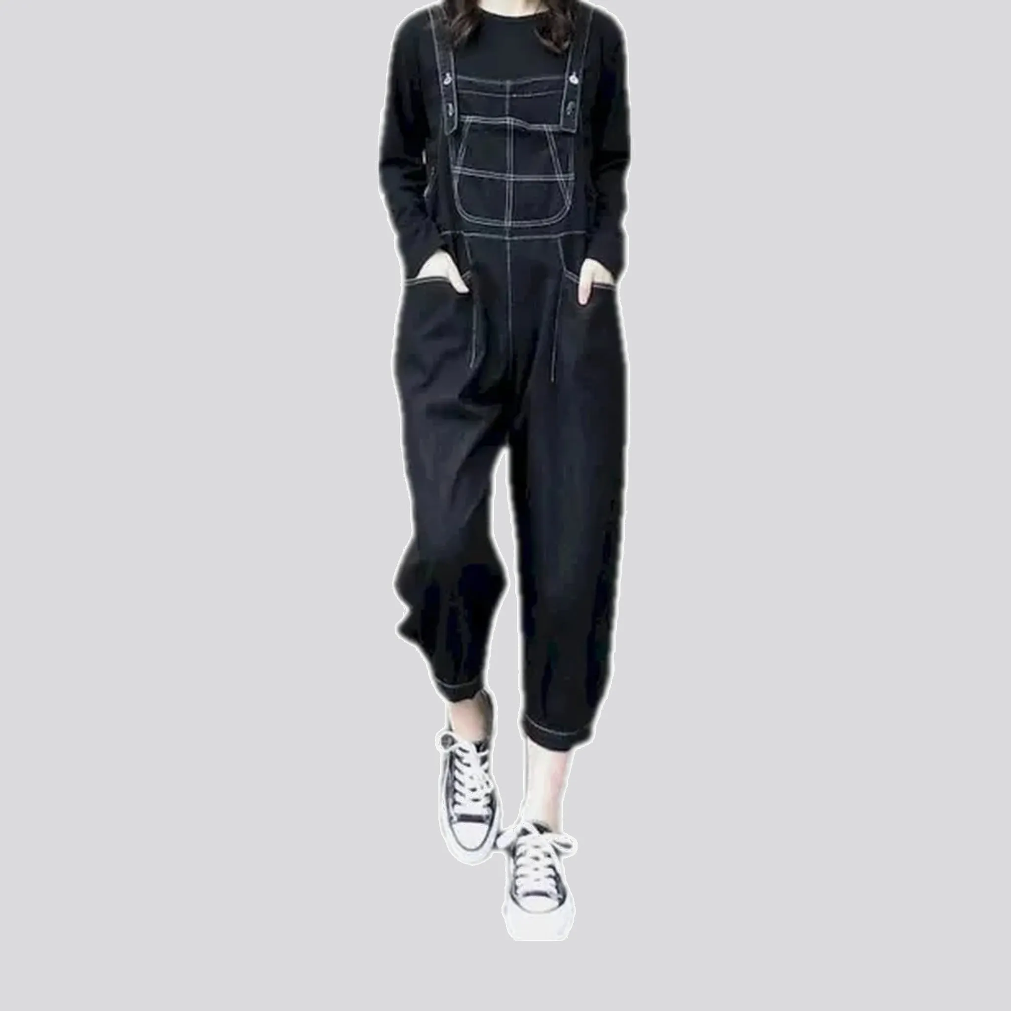 Casual loose fit contrast jeans dungaree for women