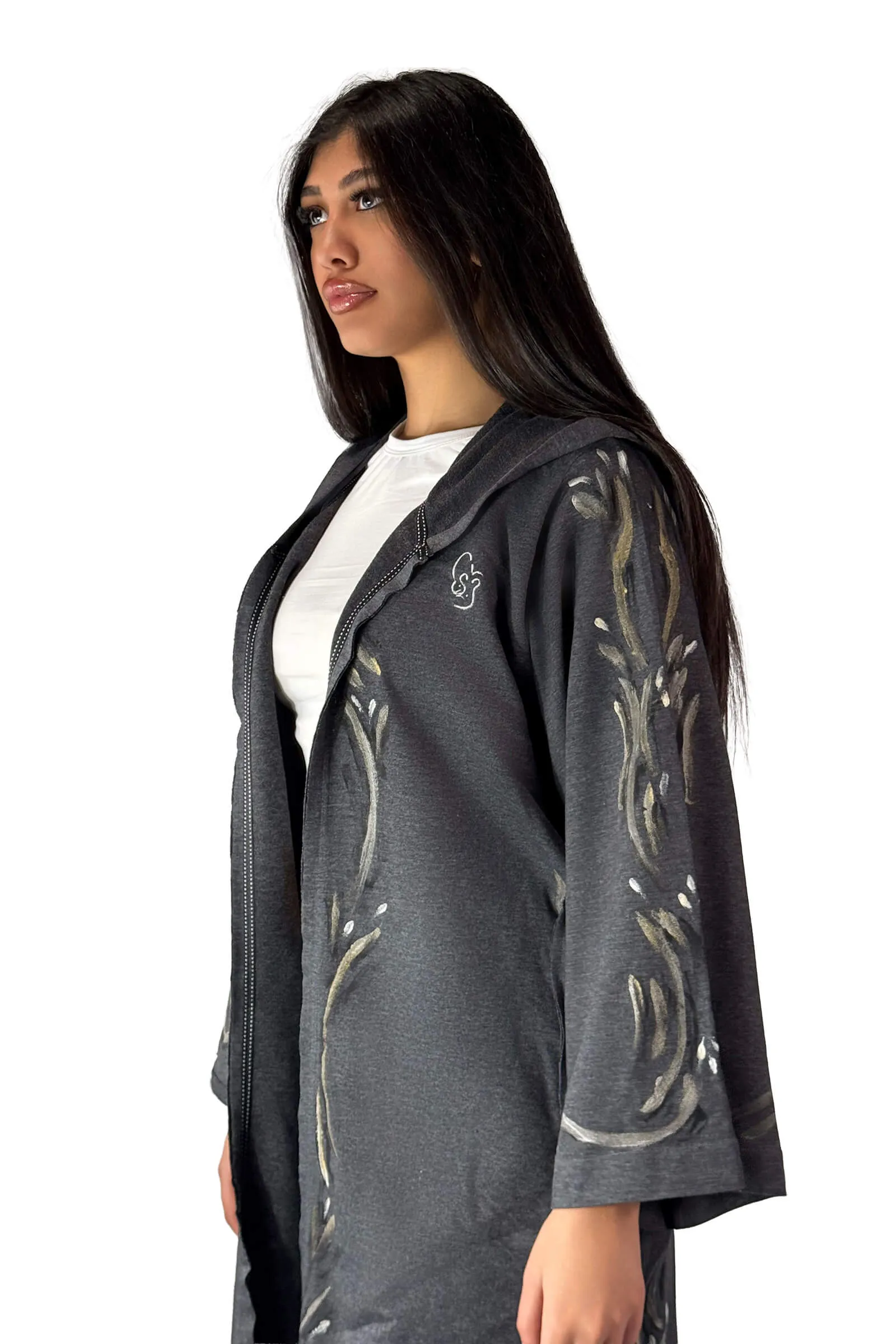 Charcoal Whisper Embroidered Hooded Cardigan