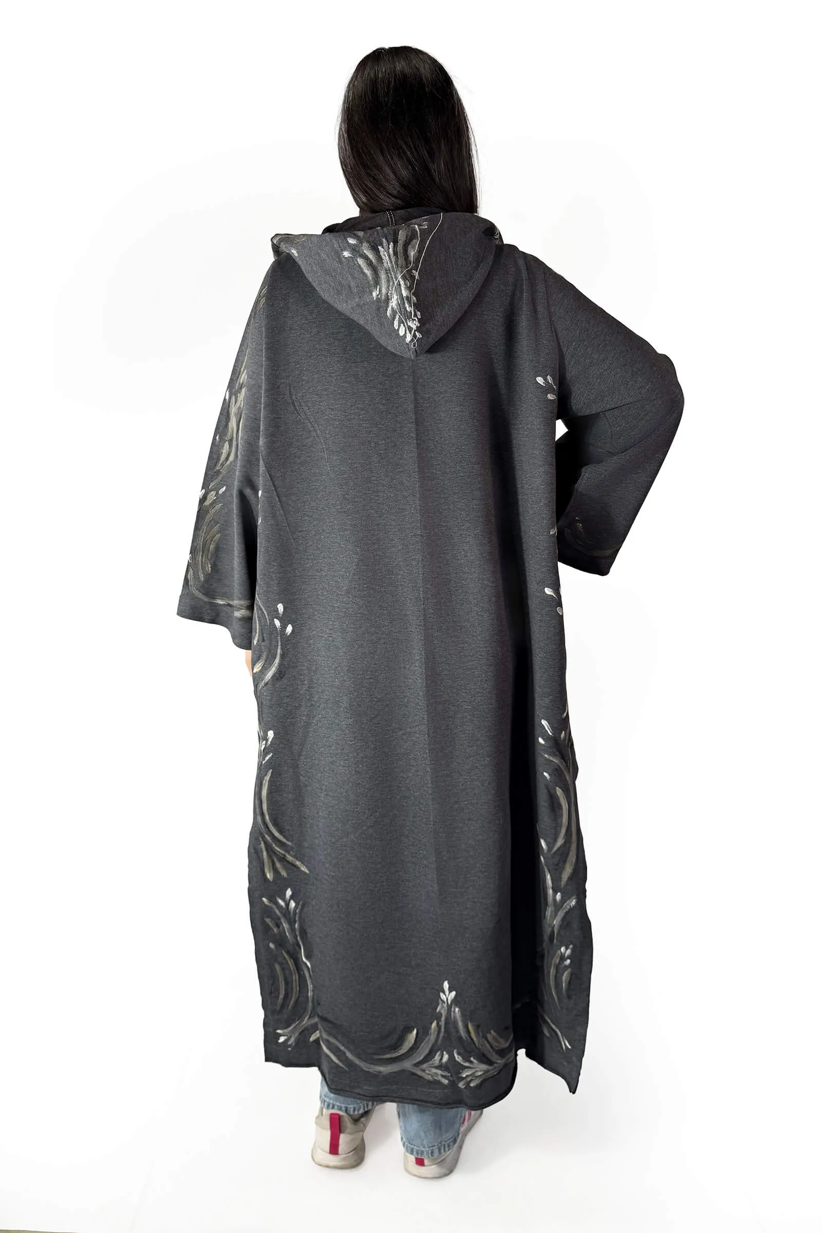 Charcoal Whisper Embroidered Hooded Cardigan